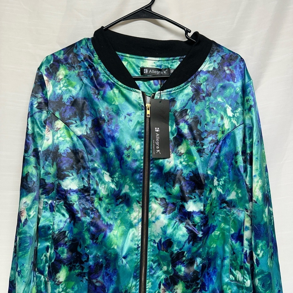 Allegra K Blue and Green Bomber Jacket - Picture 2 of 7